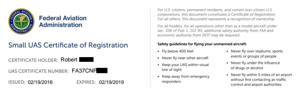 FAA Drone Registration Certificate