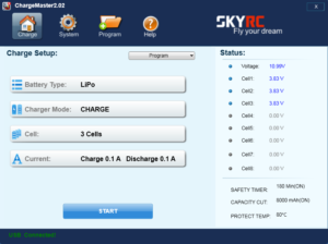 screenshot of the charger master main screen with charger connected