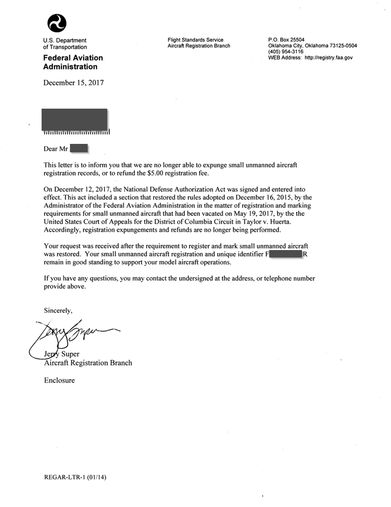 FAA's denial letter of a request to expunge drone registry info
