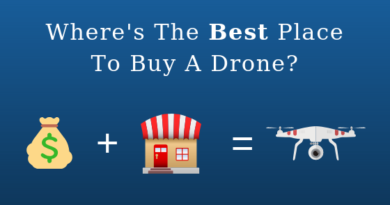 blue background blog title with the text, "Where's the best place to buy a drone?" with a graphic below showing a money symbol, a store and a drone